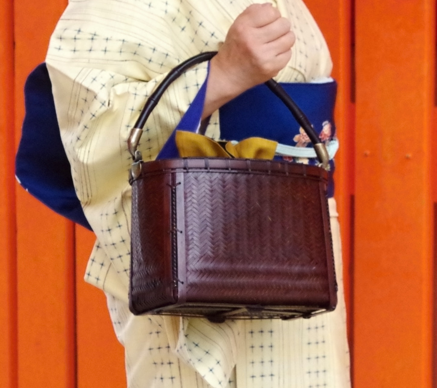 【完売御礼】西河 竹おしゃれバック 網代小判 皮手付