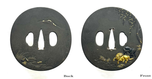 日本刀剣　鐔　柳樹双馬図　銘 一柳斎正光作